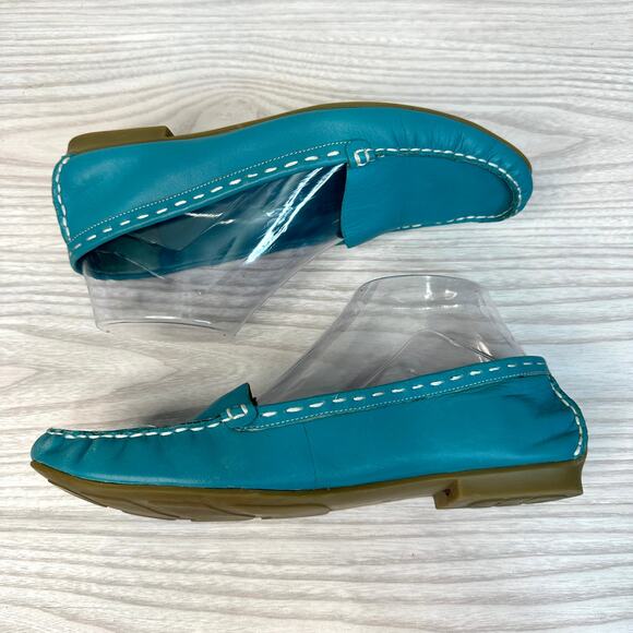 Westies Vtg Loafer Womens 8 Teal Leather Flat Slip On Round Toe White Stitching - Picture 5 of 11